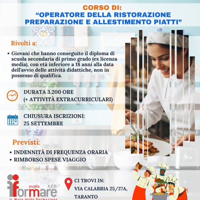 Nuova opportunità di formazione a Taranto: al via le iscrizioni per il corso “Operatore della Ristorazione” da Formare Puglia