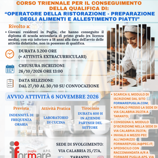 Percorso triennale gratuito per Operatore della Ristorazione: iscrizioni aperte fino al 26 ottobre